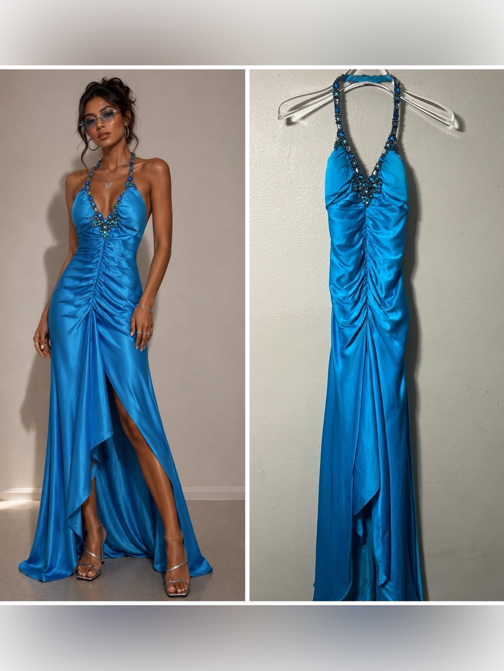 Vtg 90s Y2K Cachè Dress Blue Beaded  Halter Mermaid Baddie 100% Silk Gown Size 0